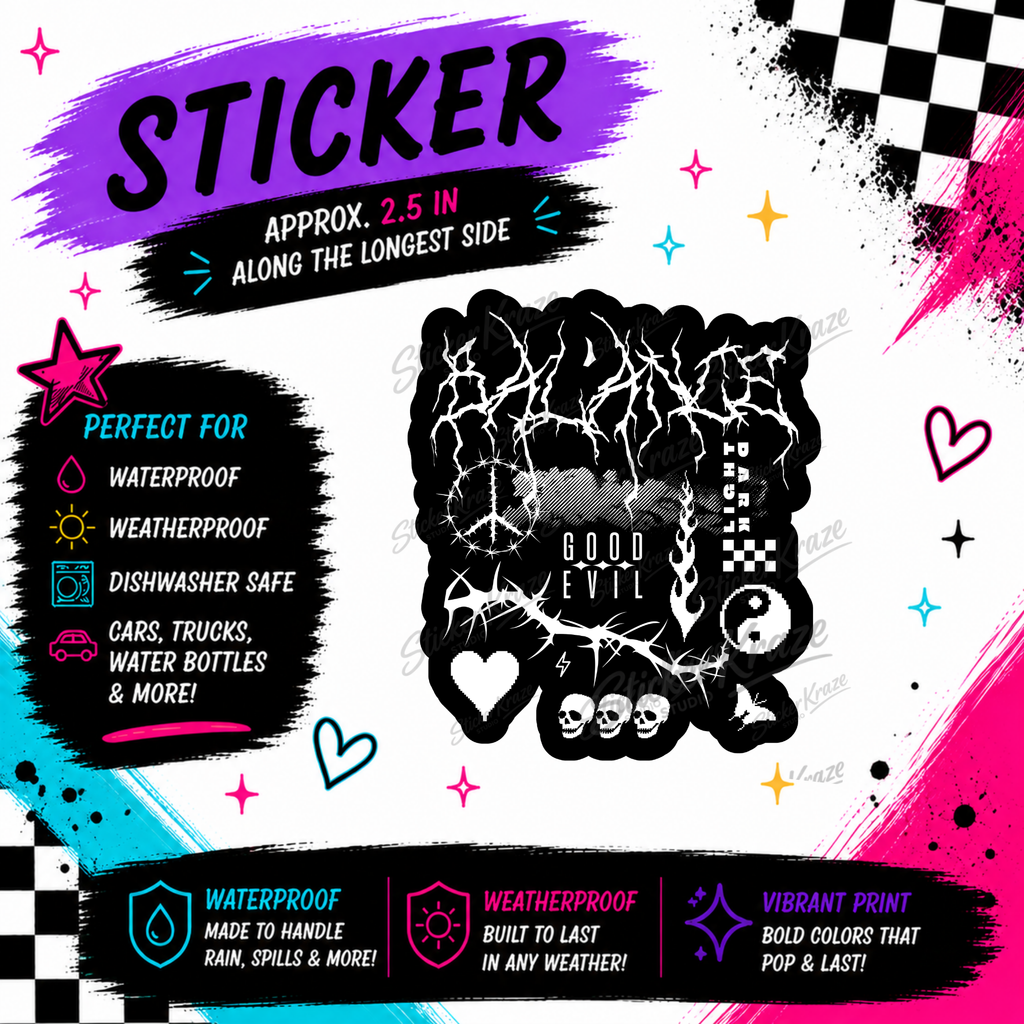 Good Evil Balance black and white gothic waterproof sticker by Sticker Kraze Studio