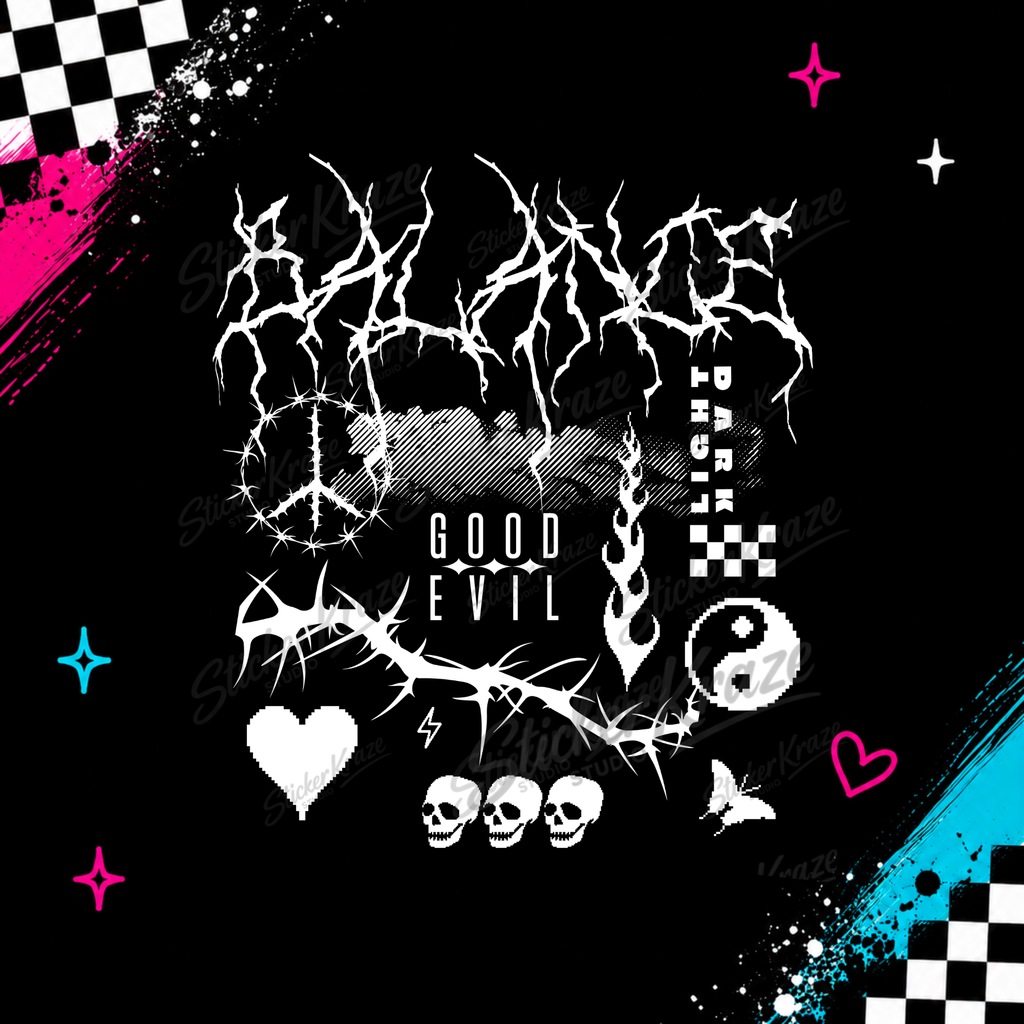 Good Evil Balance black and white gothic design with yin yang, skulls, barbed wire and grunge symbols