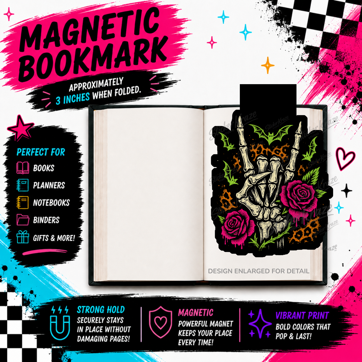 Rock On Floral gothic skeleton hand magnetic bookmark with pink roses and green bats