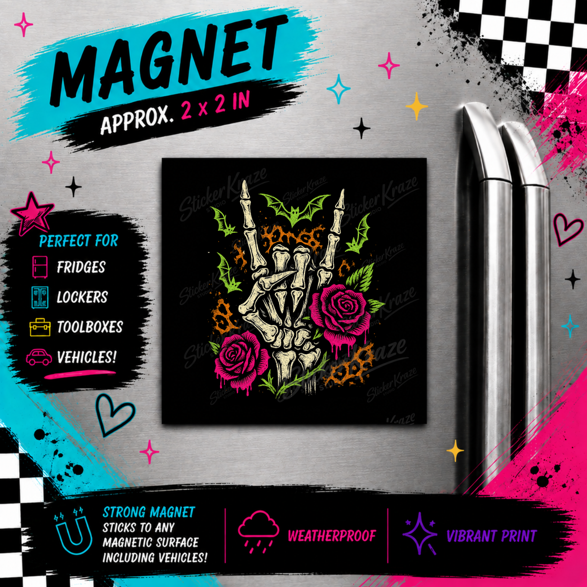 Rock On Floral gothic skeleton hand weatherproof magnet with pink roses and green bats