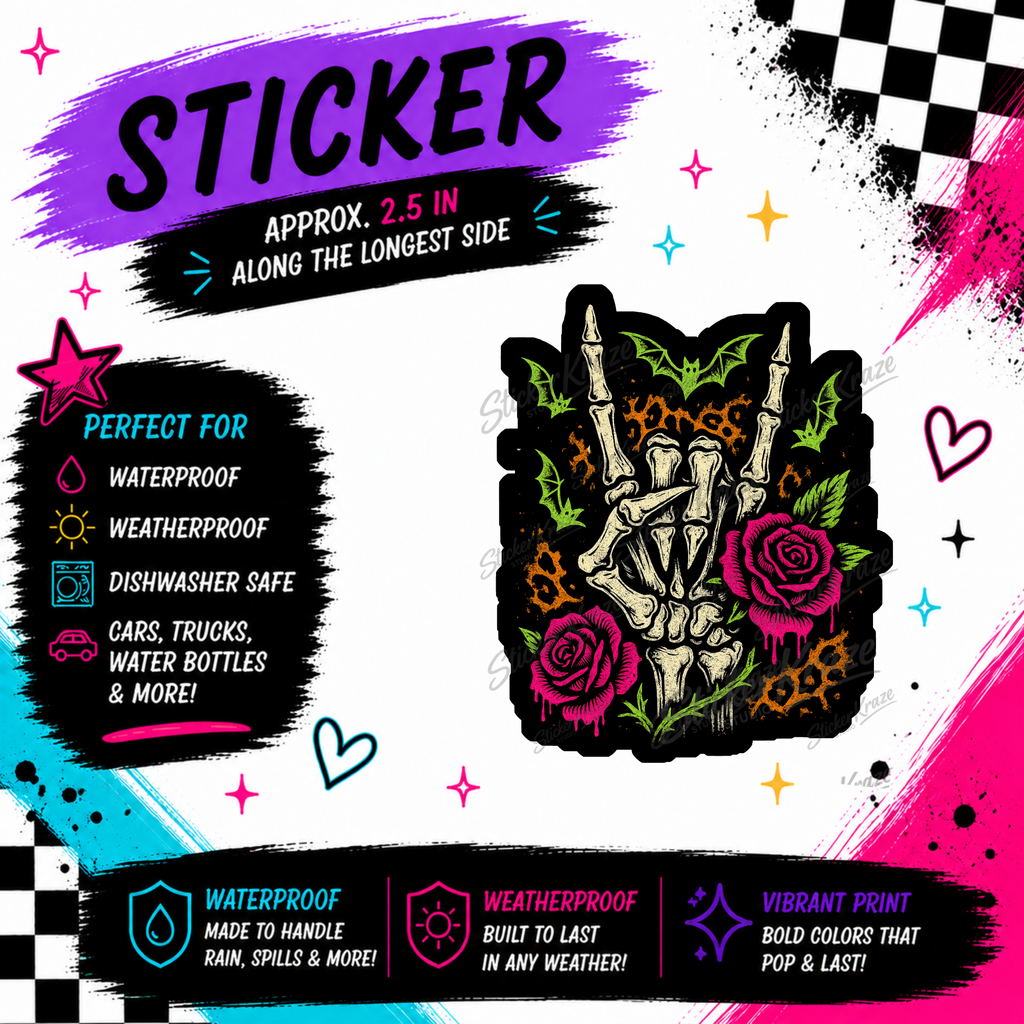 Rock On Floral gothic skeleton hand waterproof sticker with pink roses and green bats