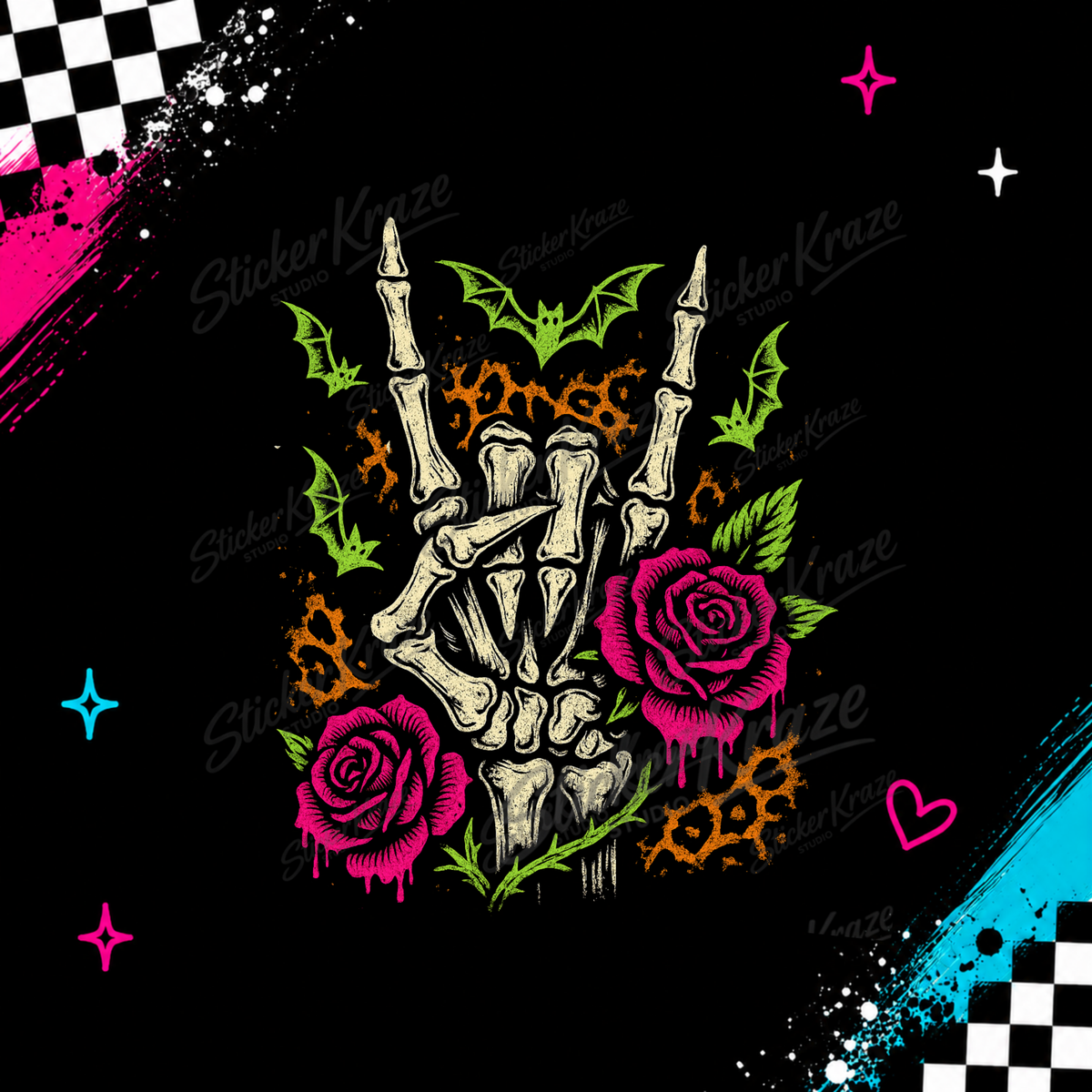Rock On Floral gothic skeleton hand design with pink roses, green bats and grunge details
