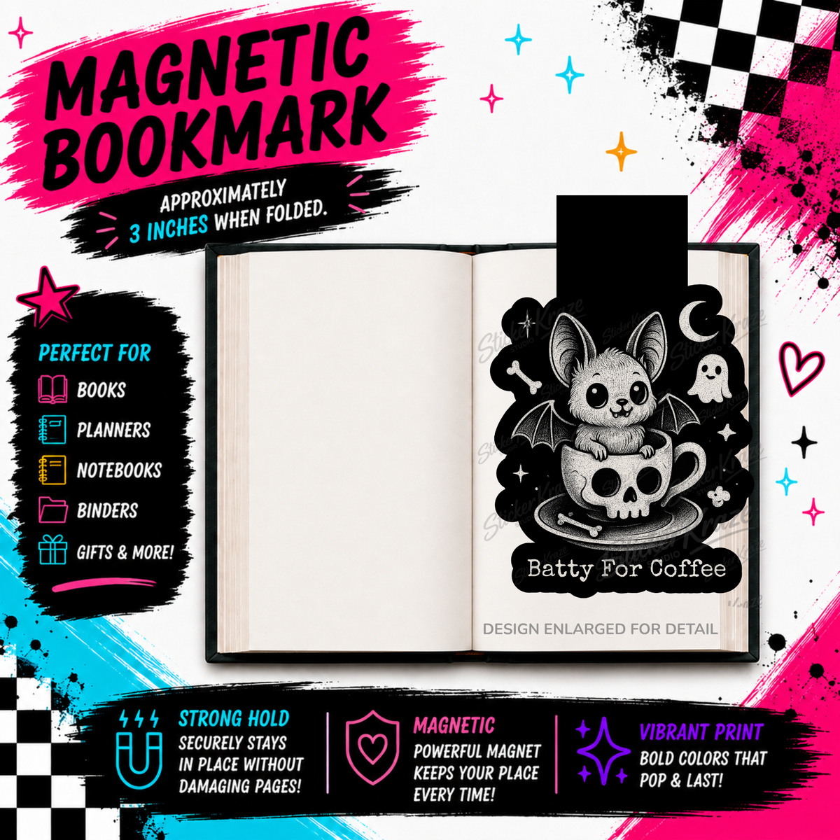 Batty For Coffee creepy cute bat and skull coffee cup magnetic bookmark