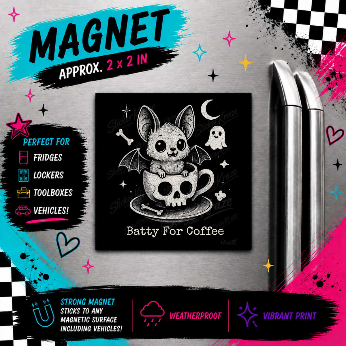 Batty For Coffee creepy cute bat and skull coffee cup weatherproof magnet