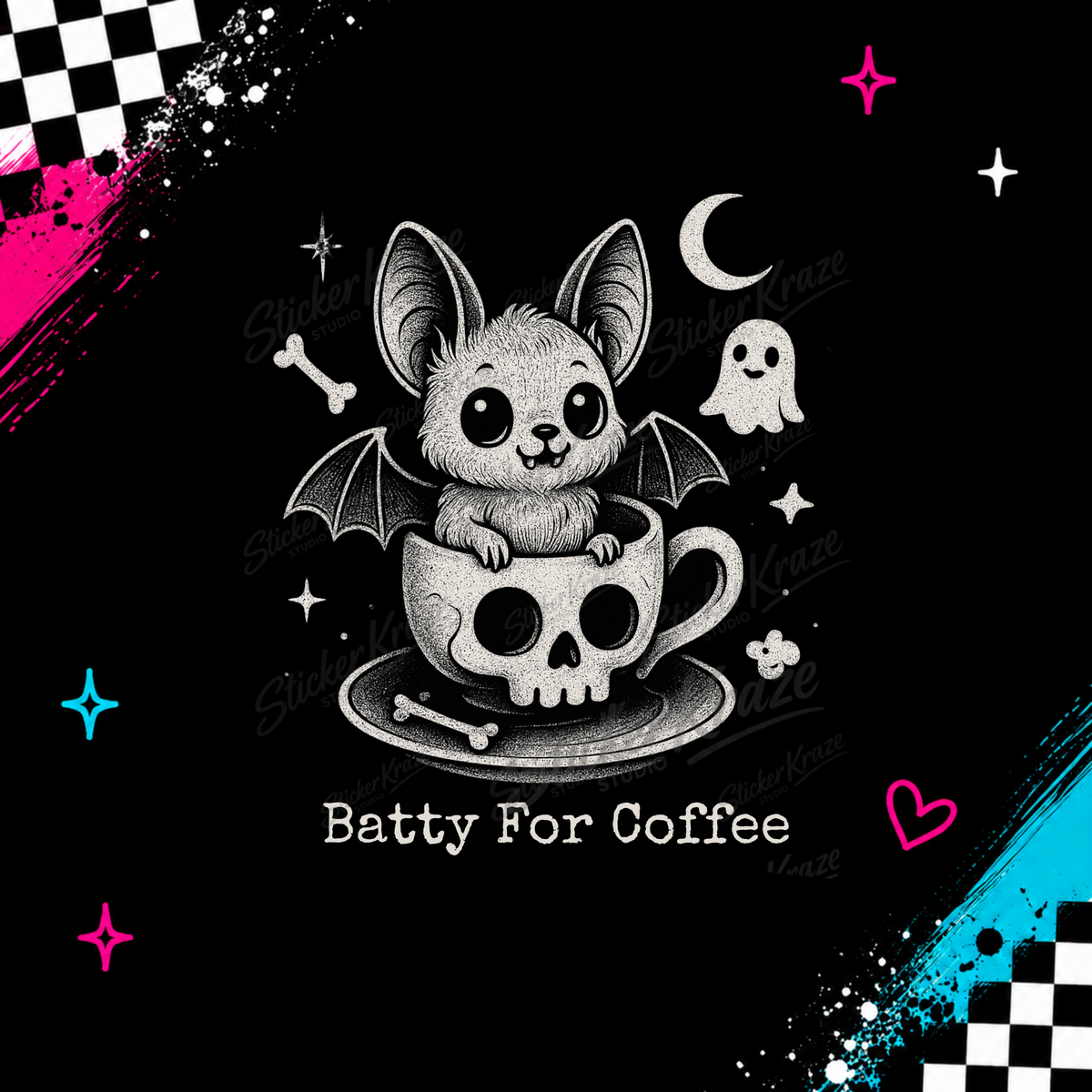 Batty For Coffee creepy cute bat in skull coffee cup design with ghost, moon and bones