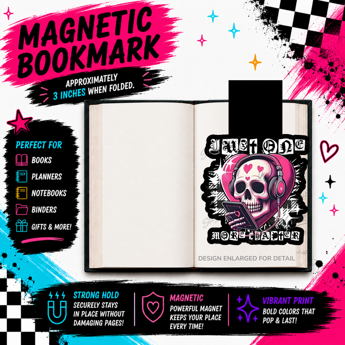 I Need More Chapters pink gothic skull reader magnetic bookmark