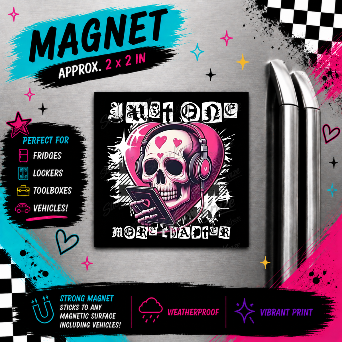 I Need More Chapters pink gothic skull reader weatherproof magnet