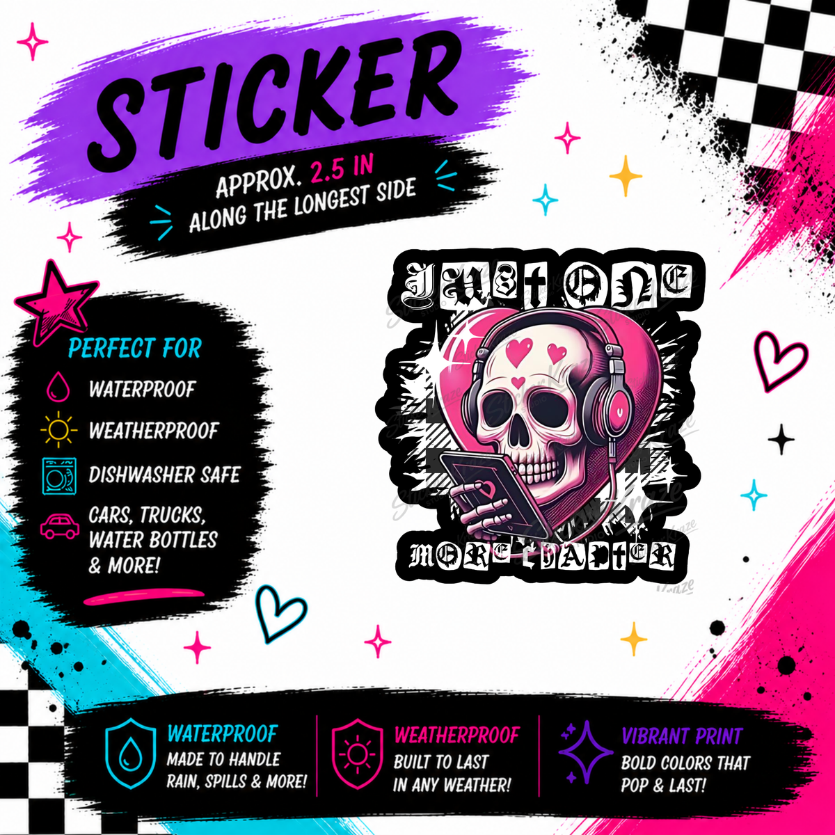 I Need More Chapters pink gothic skull reader waterproof sticker