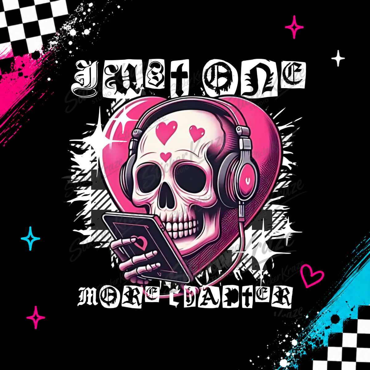 I Need More Chapters pink gothic skull wearing headphones and reading an e-reader design