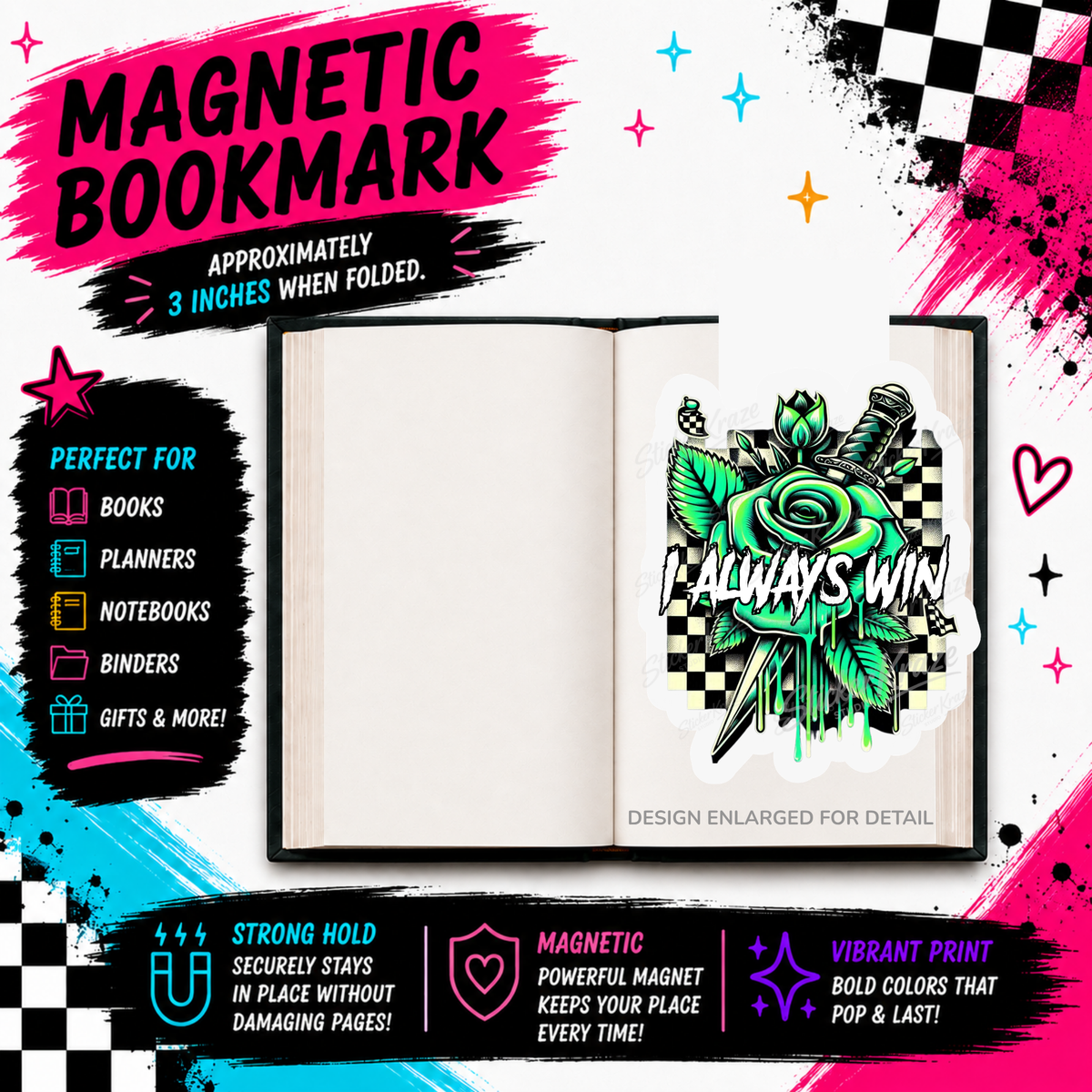 I Always Win neon green rose dagger and checkerboard magnetic bookmark