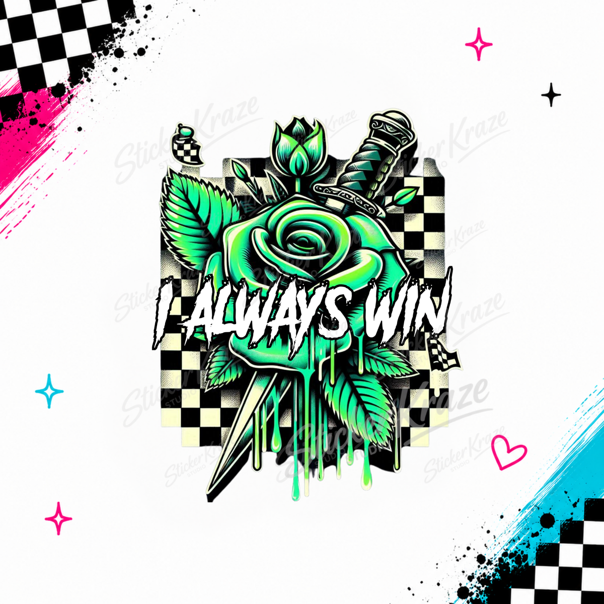 I Always Win neon green rose and dagger design with black and white checkerboard racing details