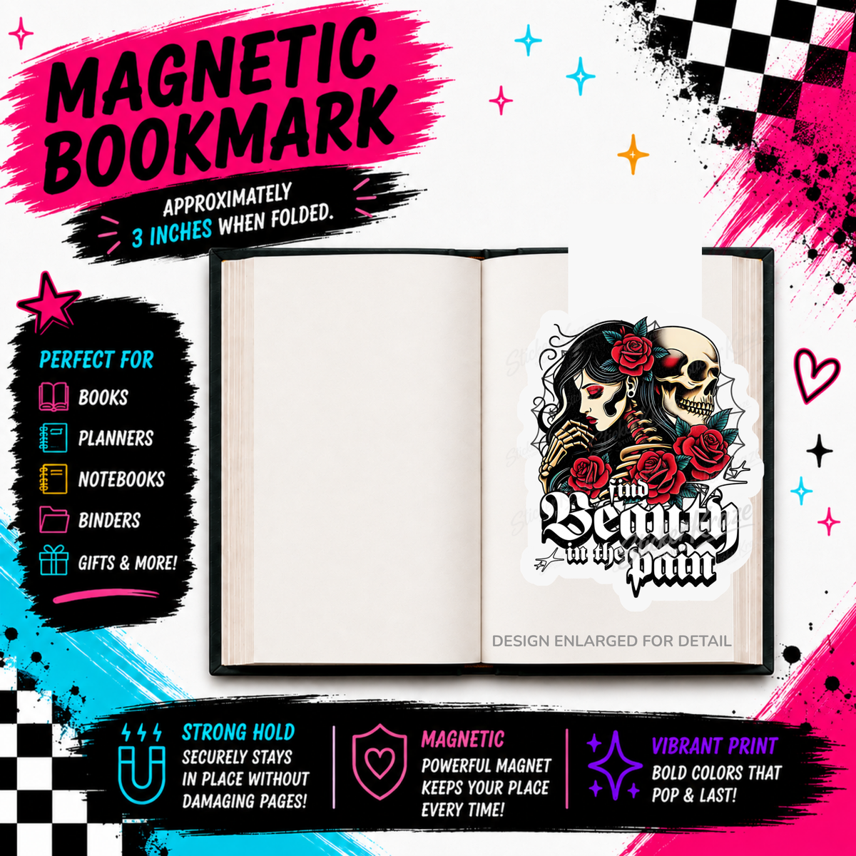 Find Beauty In The Pain gothic skeleton and red rose magnetic bookmark