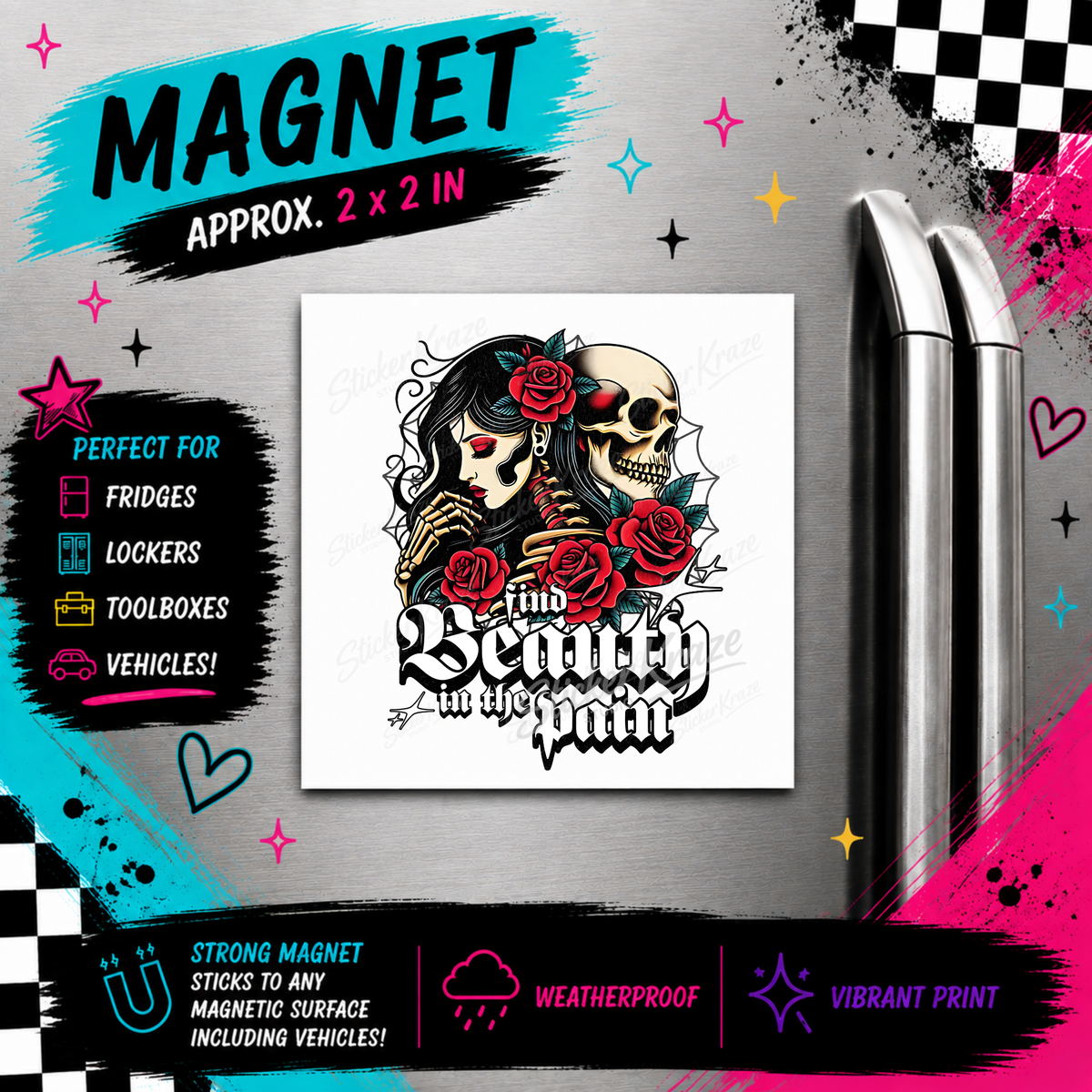 Find Beauty In The Pain gothic skeleton and red rose weatherproof magnet