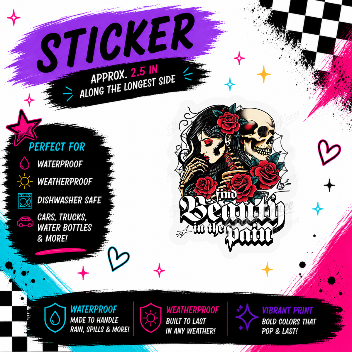 Find Beauty In The Pain gothic skeleton and red rose waterproof sticker