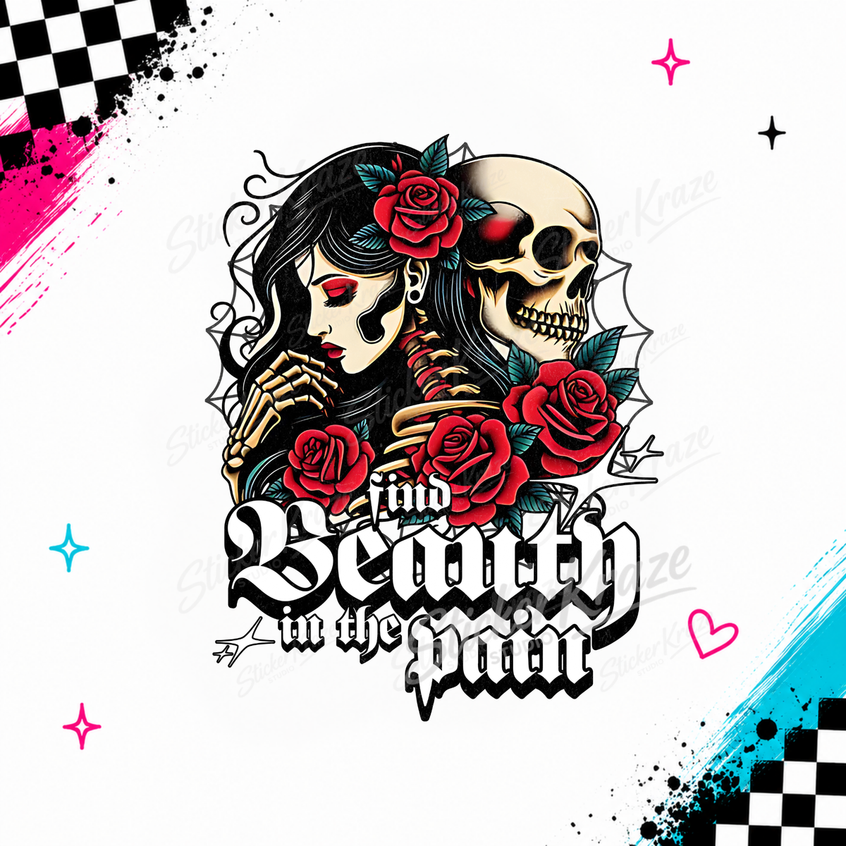 Find Beauty In The Pain gothic woman and skeleton design with red roses and cobwebs