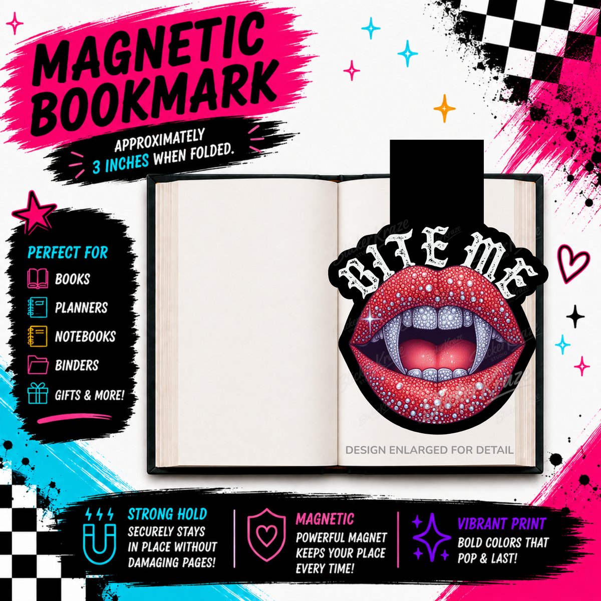 Bite Me magnetic bookmark featuring sparkling red lips, vampire fangs and white gothic lettering, shown clipped over a book page.