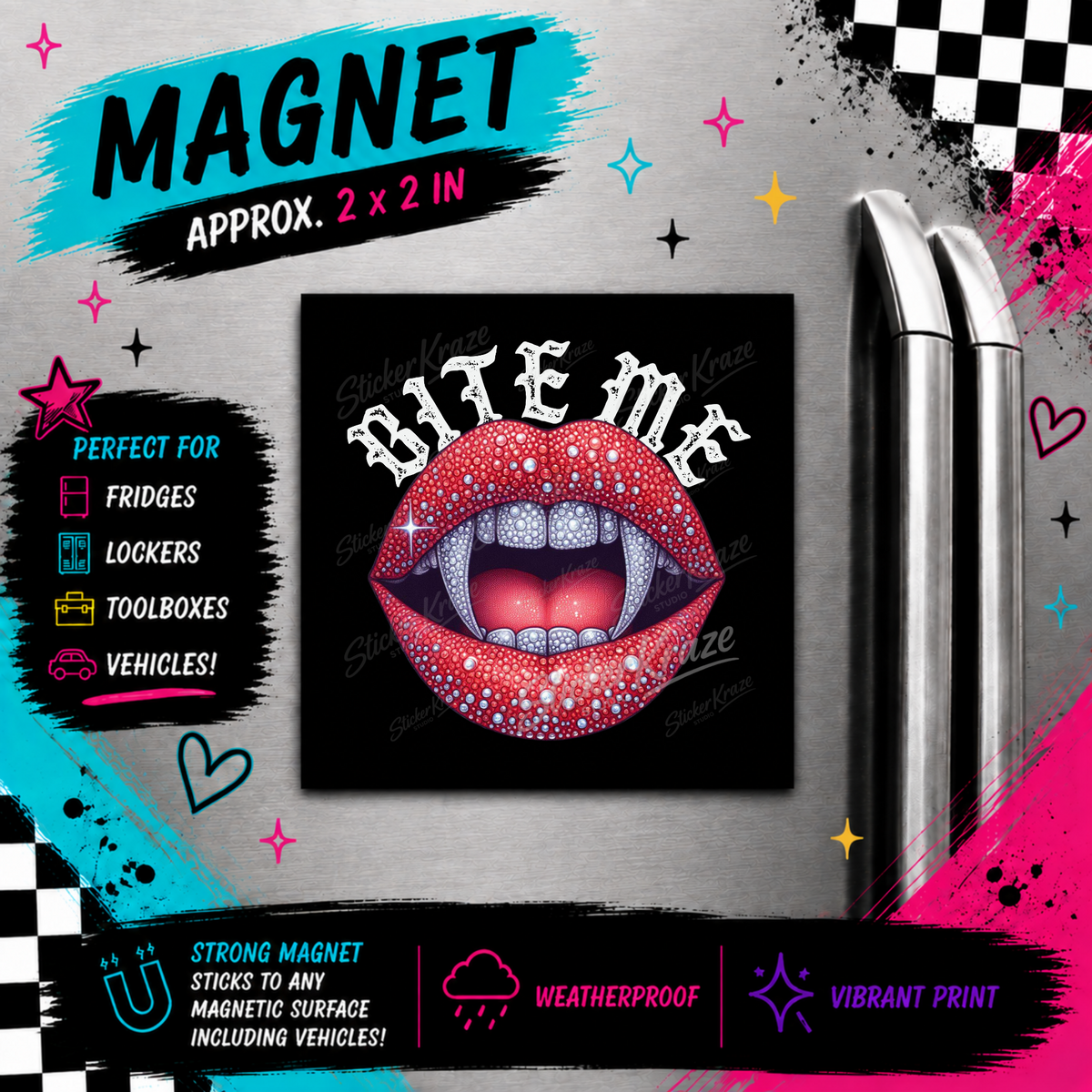 Bite Me magnet featuring sparkling red lips, vampire fangs and white gothic lettering, shown on a refrigerator.
