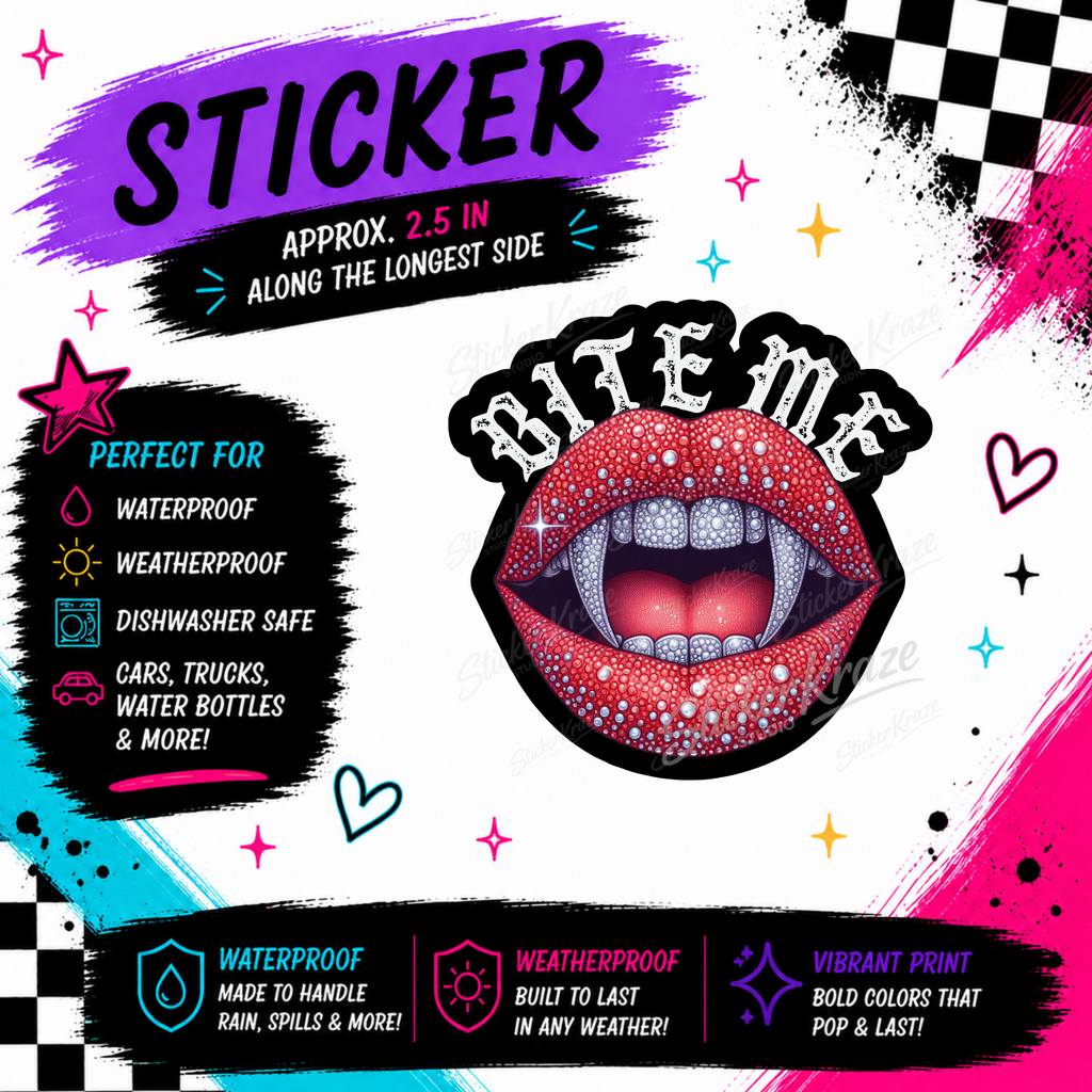 Bite Me sticker featuring sparkling red lips, vampire fangs and white gothic lettering.