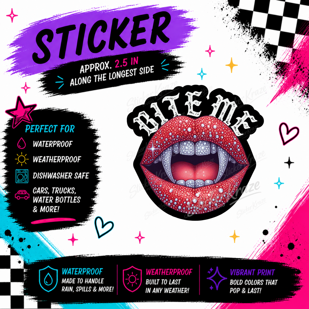 Bite Me sticker featuring sparkling red lips, vampire fangs and white gothic lettering.