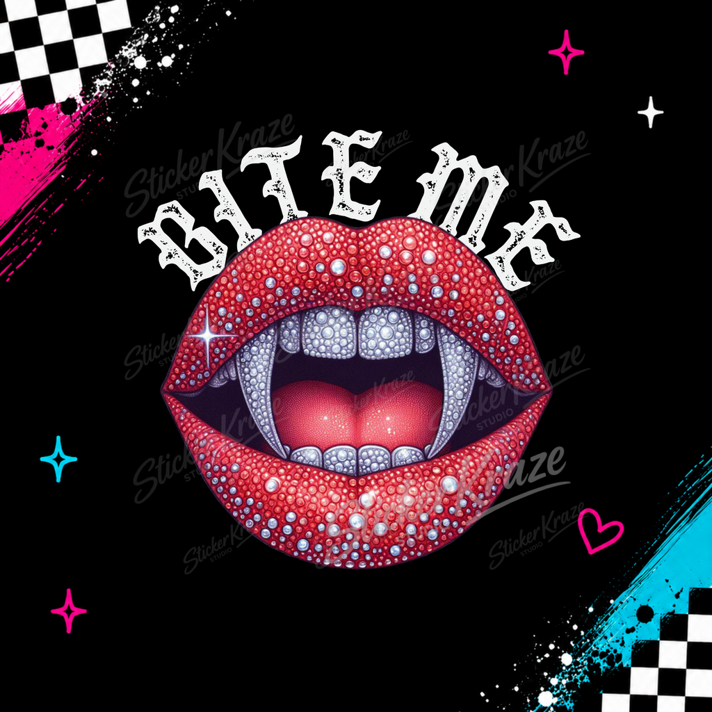 Bite Me artwork featuring sparkling red lips, vampire fangs and white gothic lettering.