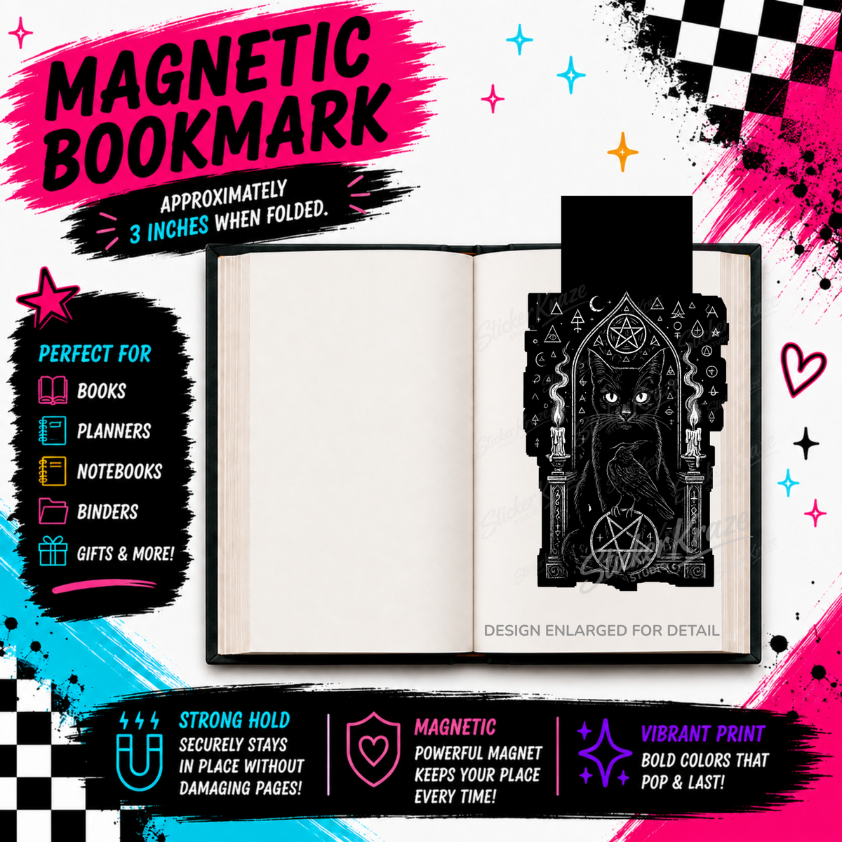 Occult Black Cat magnetic bookmark featuring a black cat and raven in a gothic arch with candles, pentagrams and mystical symbols, shown clipped over a book page.