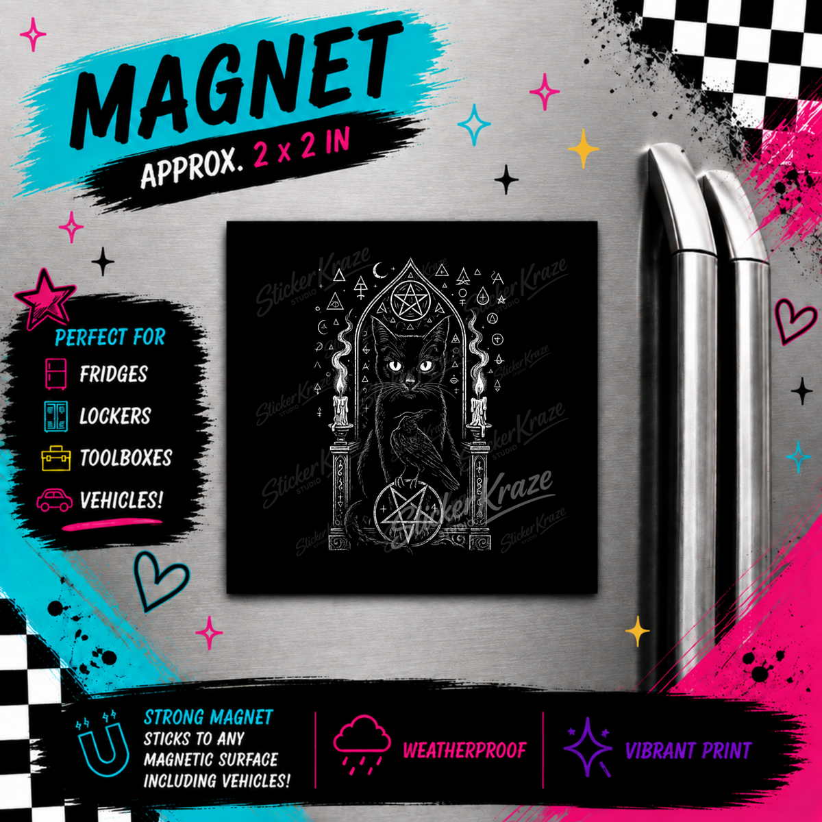 Occult Black Cat magnet featuring a black cat and raven in a gothic arch with candles, pentagrams and mystical symbols, shown on a refrigerator.