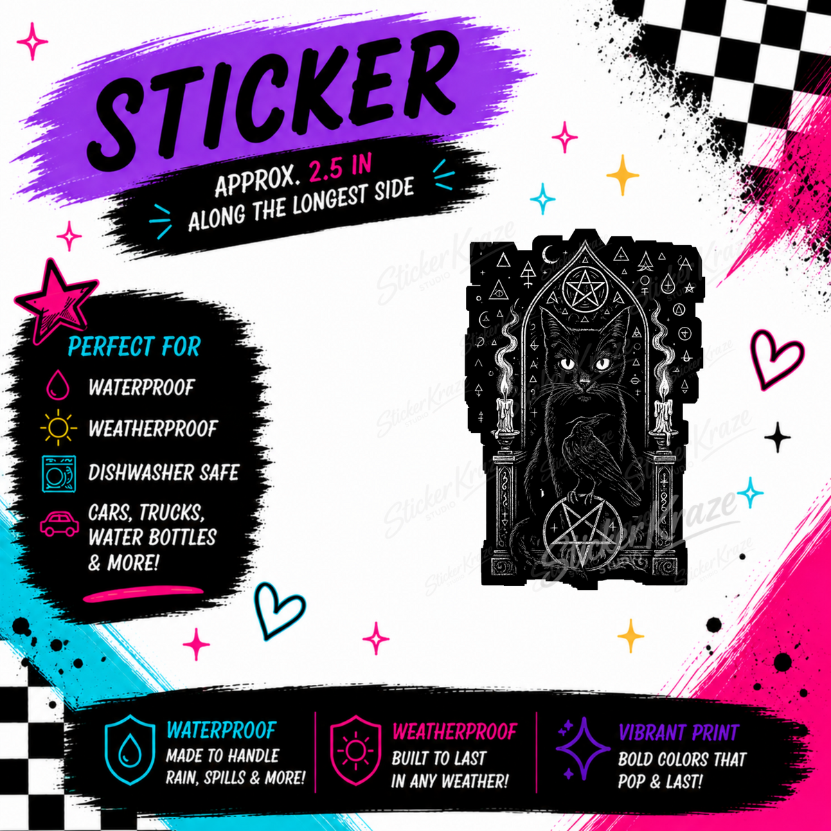 Occult Black Cat sticker featuring a black cat and raven in a gothic arch with candles, pentagrams and mystical symbols.