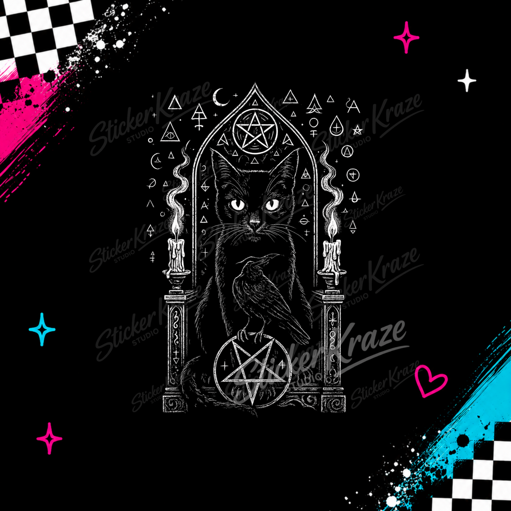 Occult Black Cat artwork featuring a black cat and raven in a gothic arch with candles, pentagrams and mystical symbols.