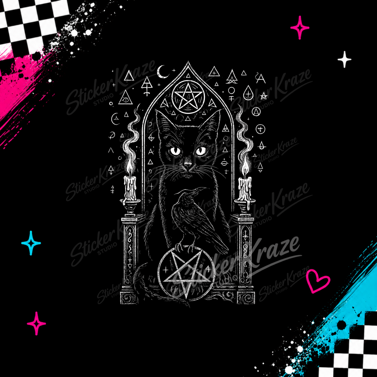 Occult Black Cat artwork featuring a black cat and raven in a gothic arch with candles, pentagrams and mystical symbols.