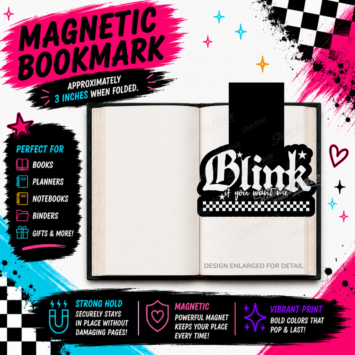 Blink If You Want Me magnetic bookmark featuring white gothic lettering, stars and a checkerboard accent, shown clipped over a book page.
