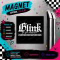 Blink If You Want Me magnet featuring white gothic lettering, stars and a checkerboard accent, shown on a refrigerator.
