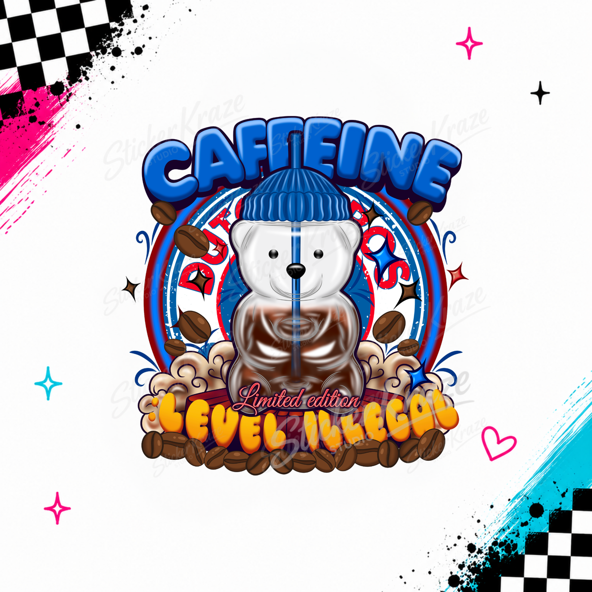 Caffeine Level Illegal artwork showcase mockup with large Sticker Kraze Studio logo and repeating watermark