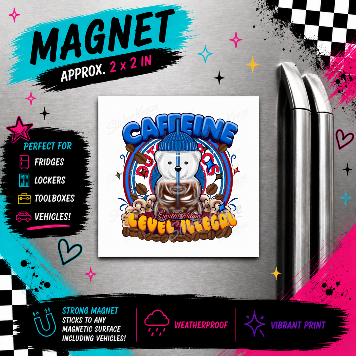 Caffeine Level Illegal magnet mockup with large Sticker Kraze Studio logo and repeating watermark