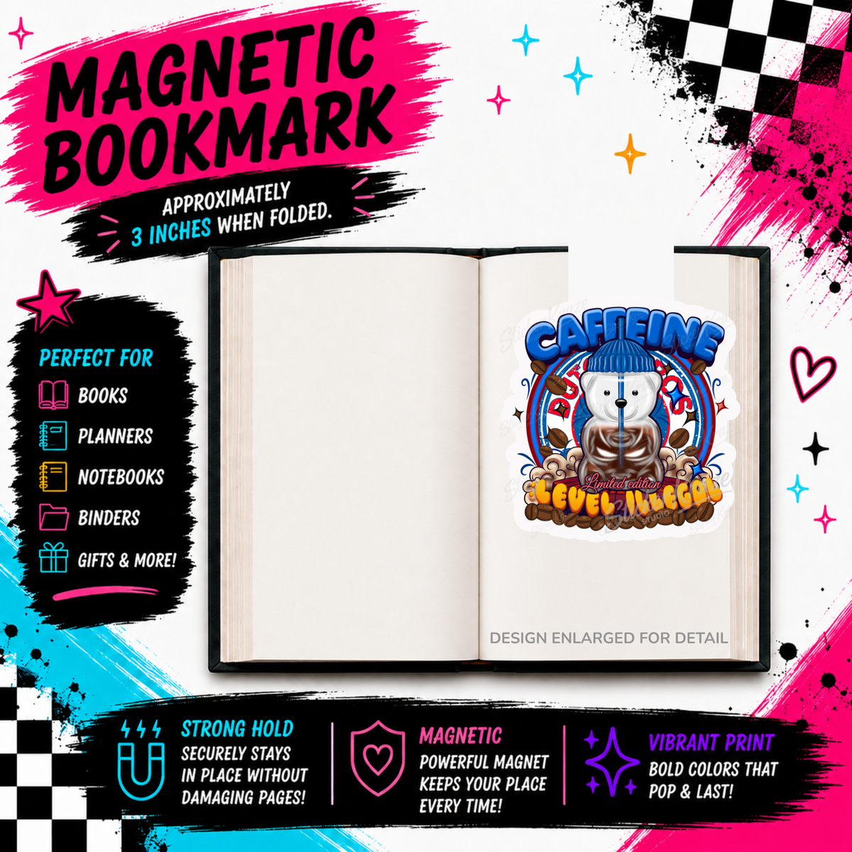 Caffeine Level Illegal magnetic bookmark mockup with large Sticker Kraze Studio logo and repeating watermark