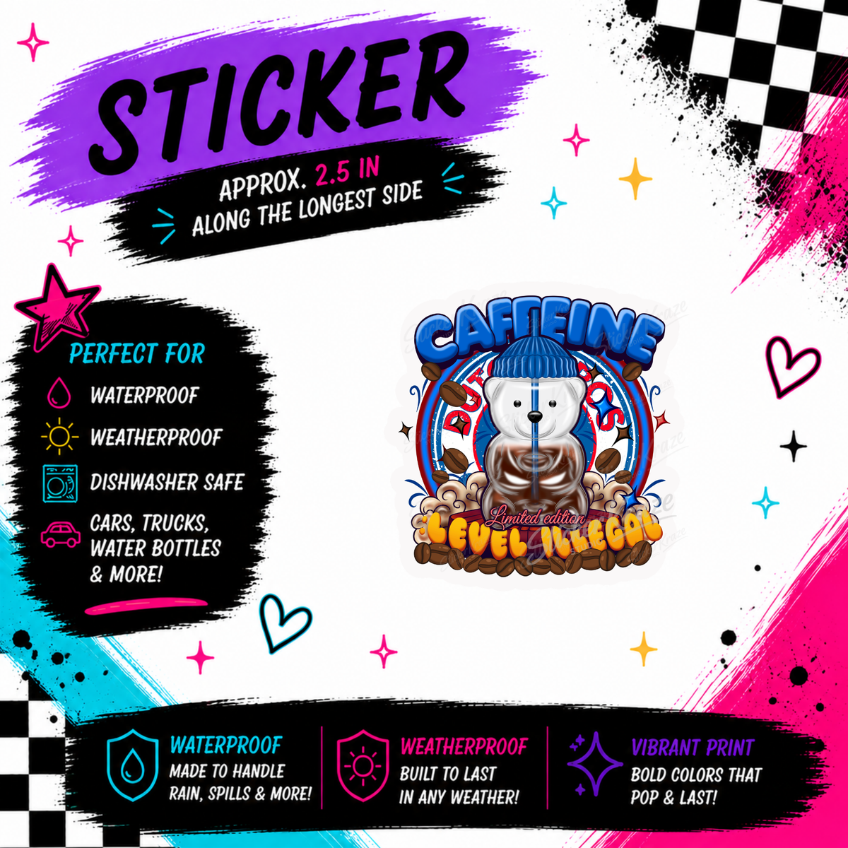 Caffeine Level Illegal sticker mockup with large Sticker Kraze Studio logo and repeating watermark