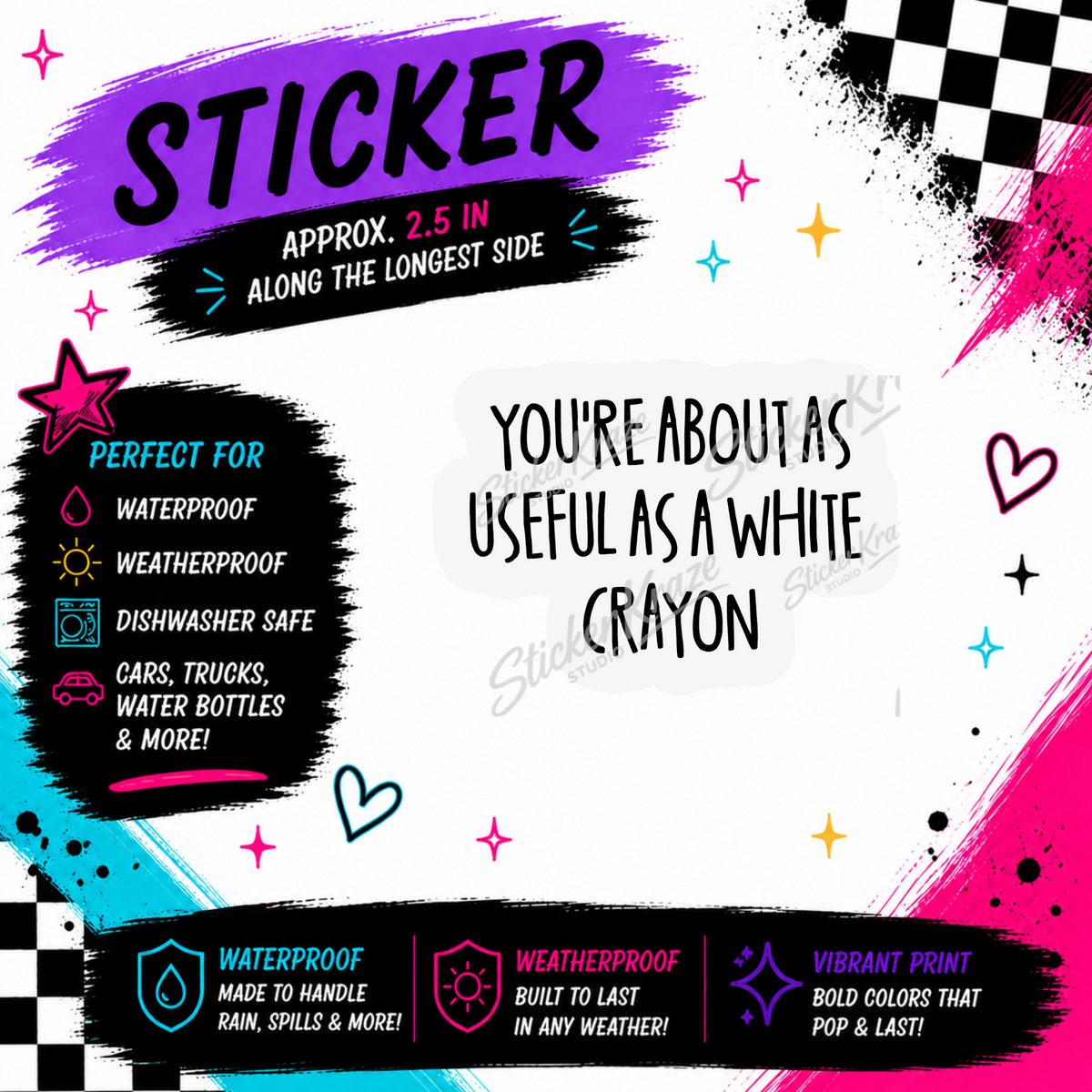 Useful as a White Crayon approximately 2.5 inch weatherproof dishwasher-safe sticker mockup for Sticker Kraze Studio.
