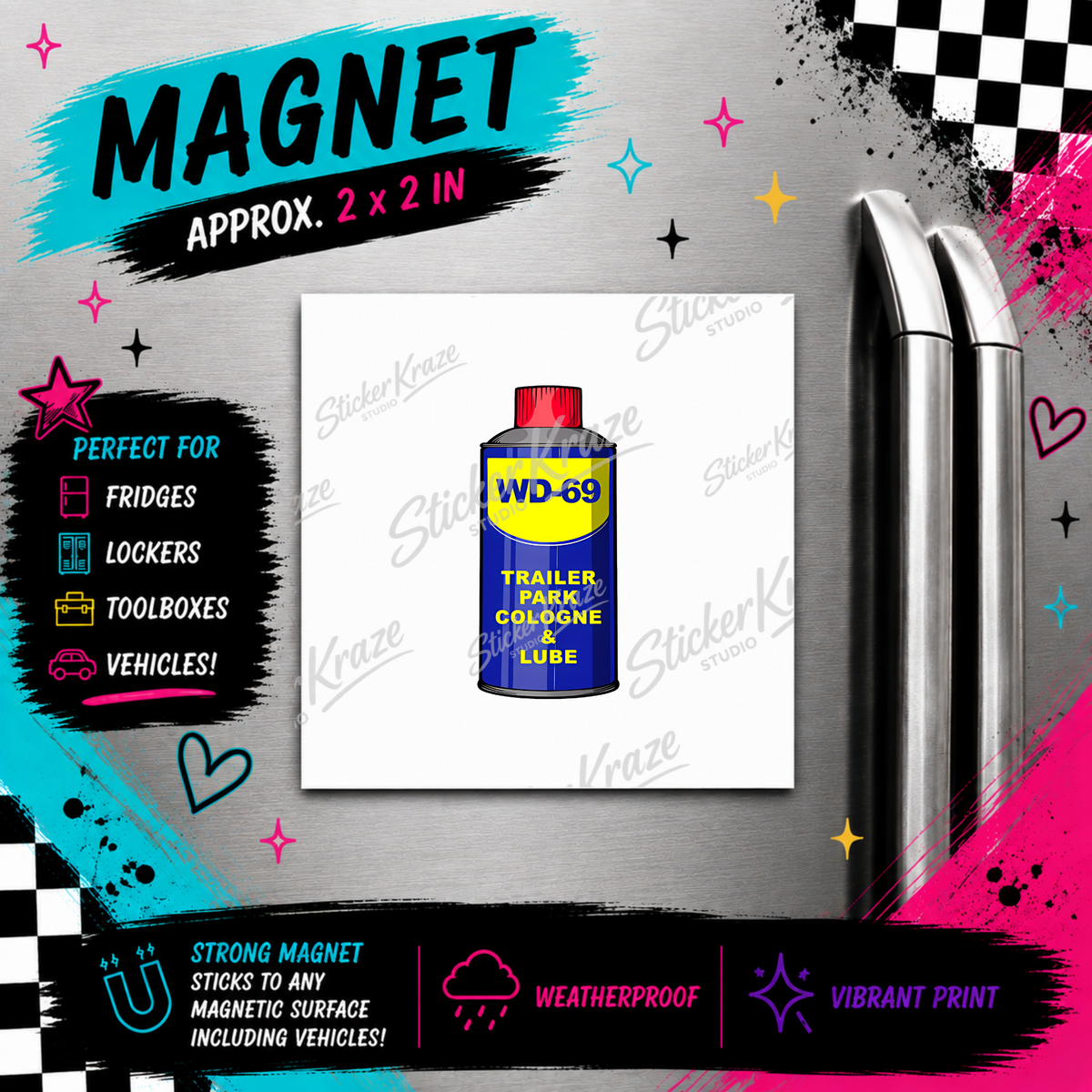 WD-69 Trailer Park Cologne & Lube 2 x 2 inch weatherproof magnet mockup for Sticker Kraze Studio.