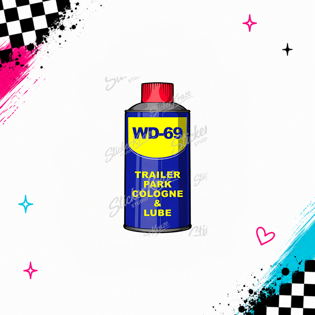 WD-69 Trailer Park Cologne & Lube blue spray can design preview from the Sticker Kraze Studio Blue Collar collection.