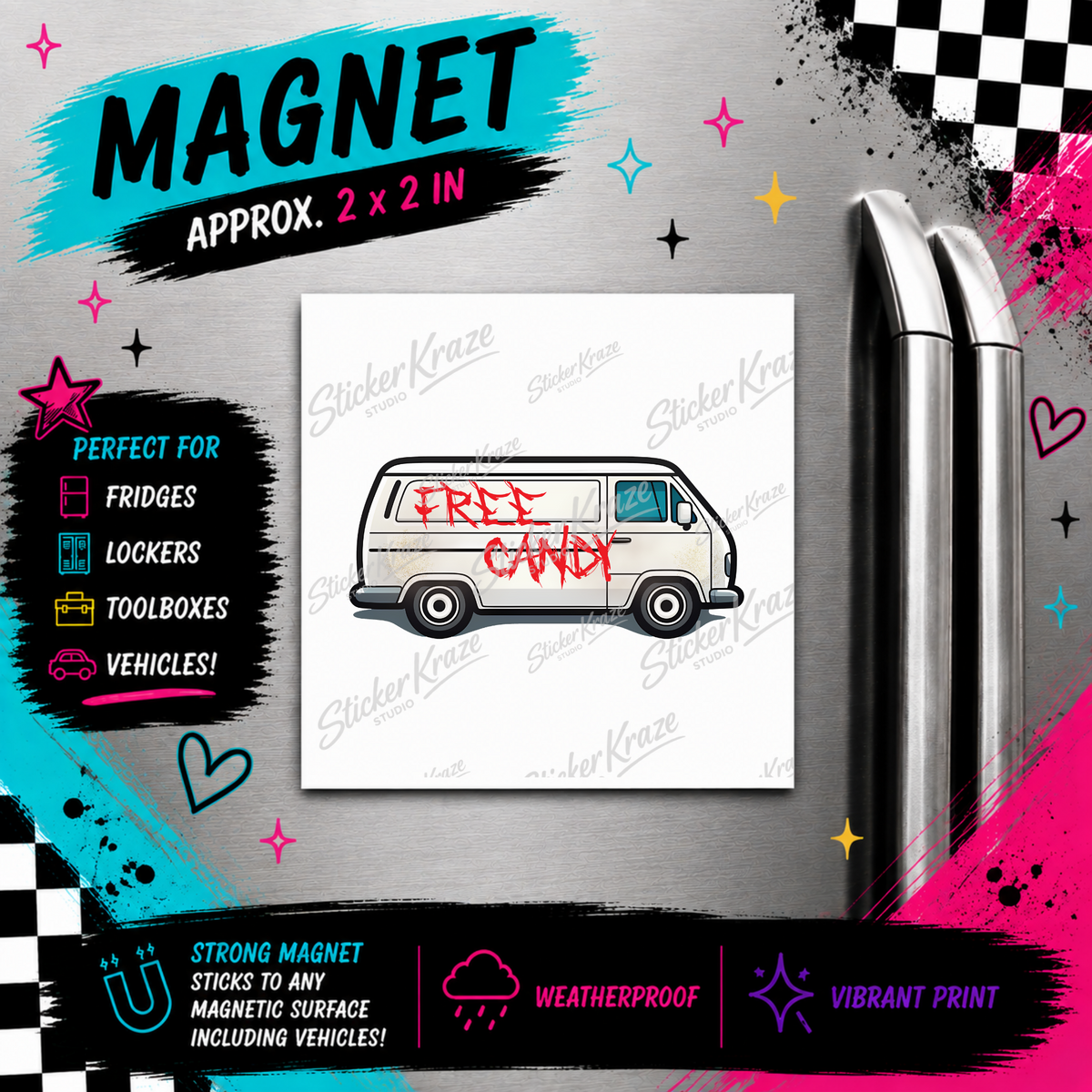 Free Candy Van 2 x 2 inch weatherproof magnet mockup for Sticker Kraze Studio.