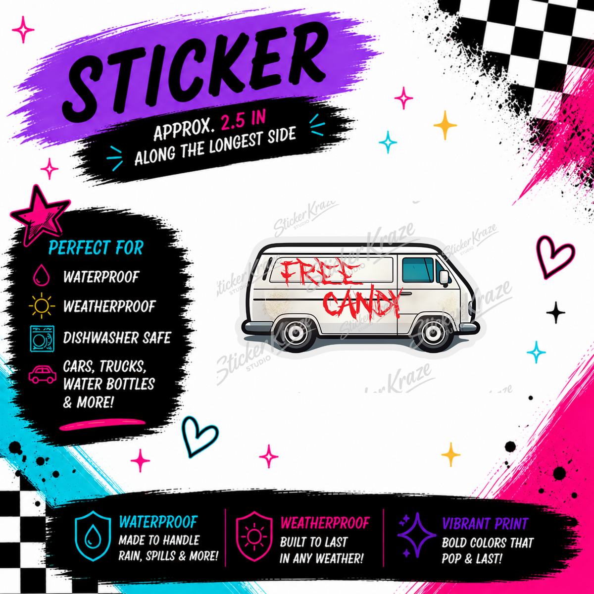 Free Candy Van approximately 2.5 inch weatherproof dishwasher-safe sticker mockup for Sticker Kraze Studio.