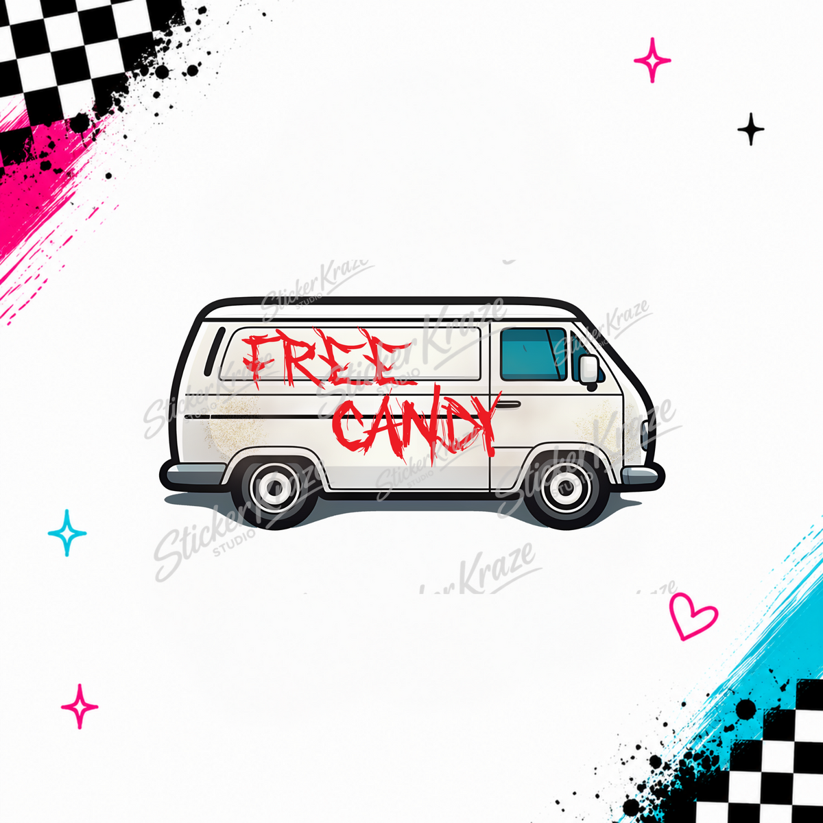 Free Candy Van dark humour design preview featuring a white van with red Free Candy lettering for Sticker Kraze Studio.