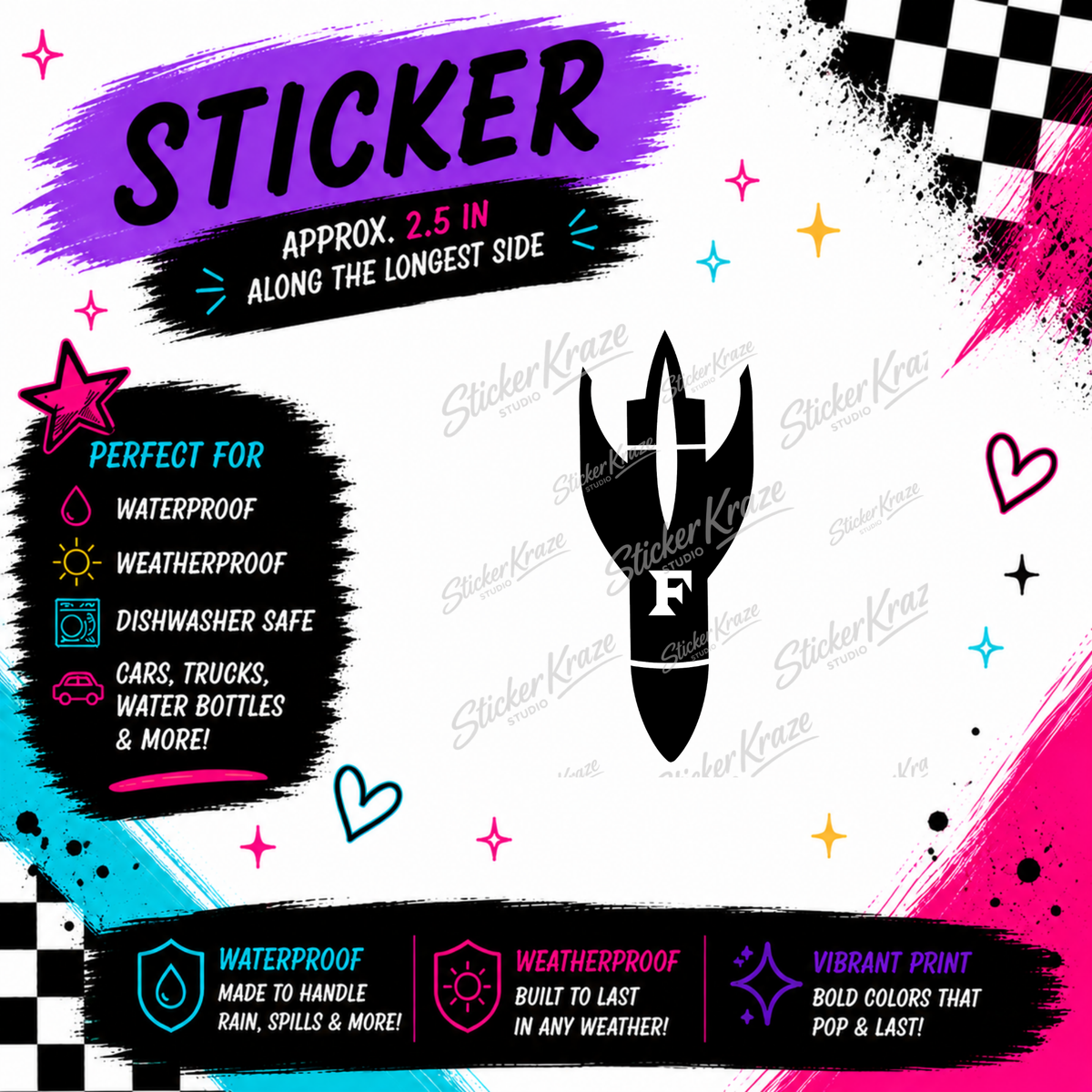 F-Bomb approximately 2.5 inch weatherproof dishwasher-safe sticker mockup for Sticker Kraze Studio.