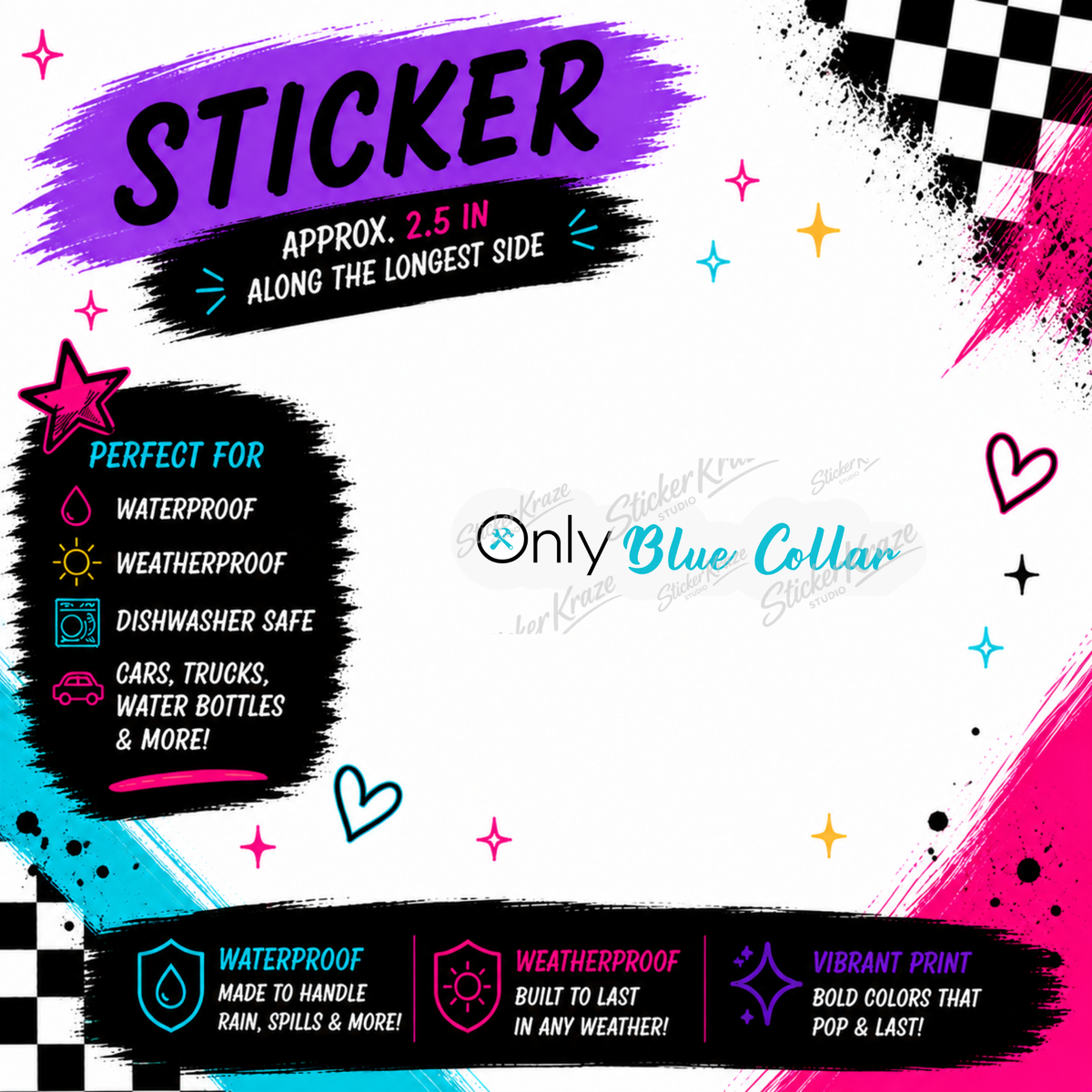 Only Blue Collar approximately 2.5 inch weatherproof dishwasher-safe sticker mockup for Sticker Kraze Studio.