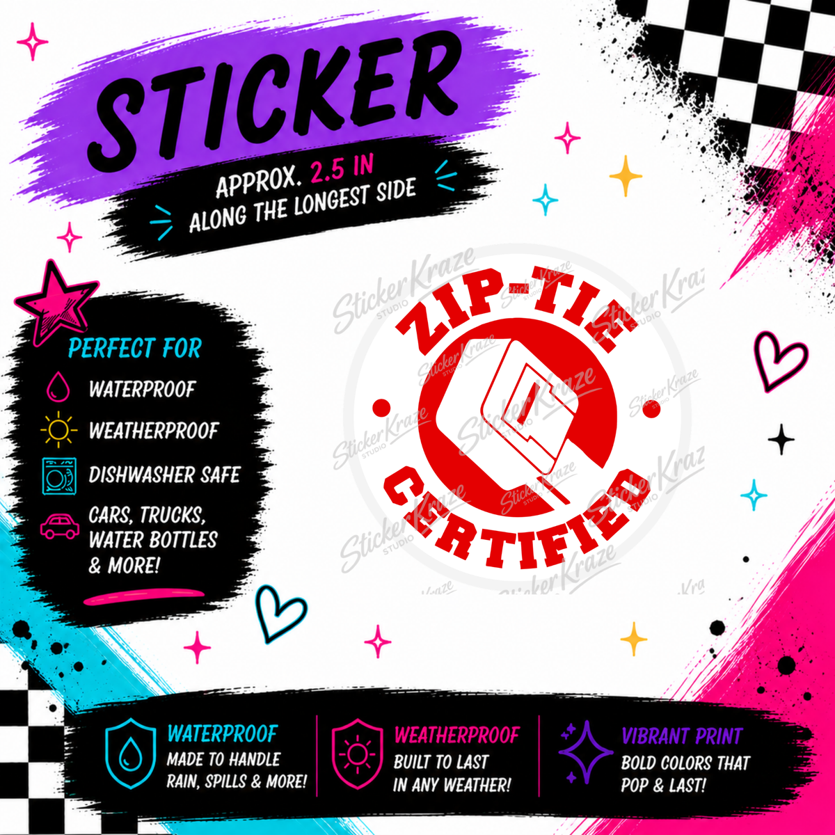 Zip-Tie Certified approximately 2.5 inch weatherproof dishwasher-safe sticker mockup for Sticker Kraze Studio.