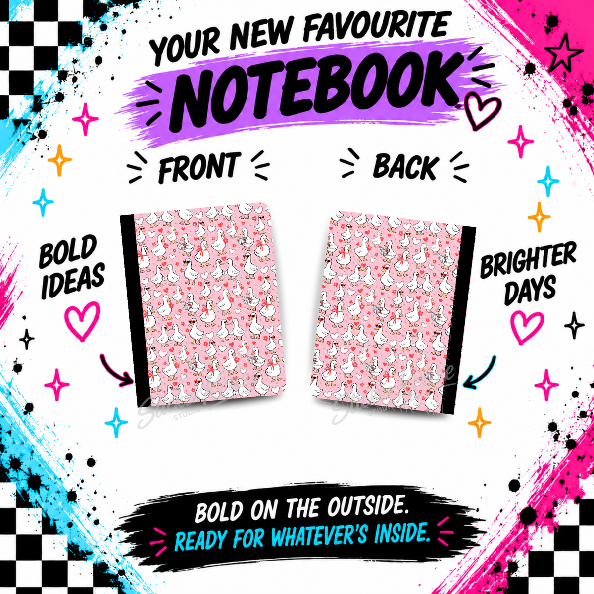 Goose & Bows composition notebook front and back covers featuring white geese, pink bows, red hearts and small flowers on pink.