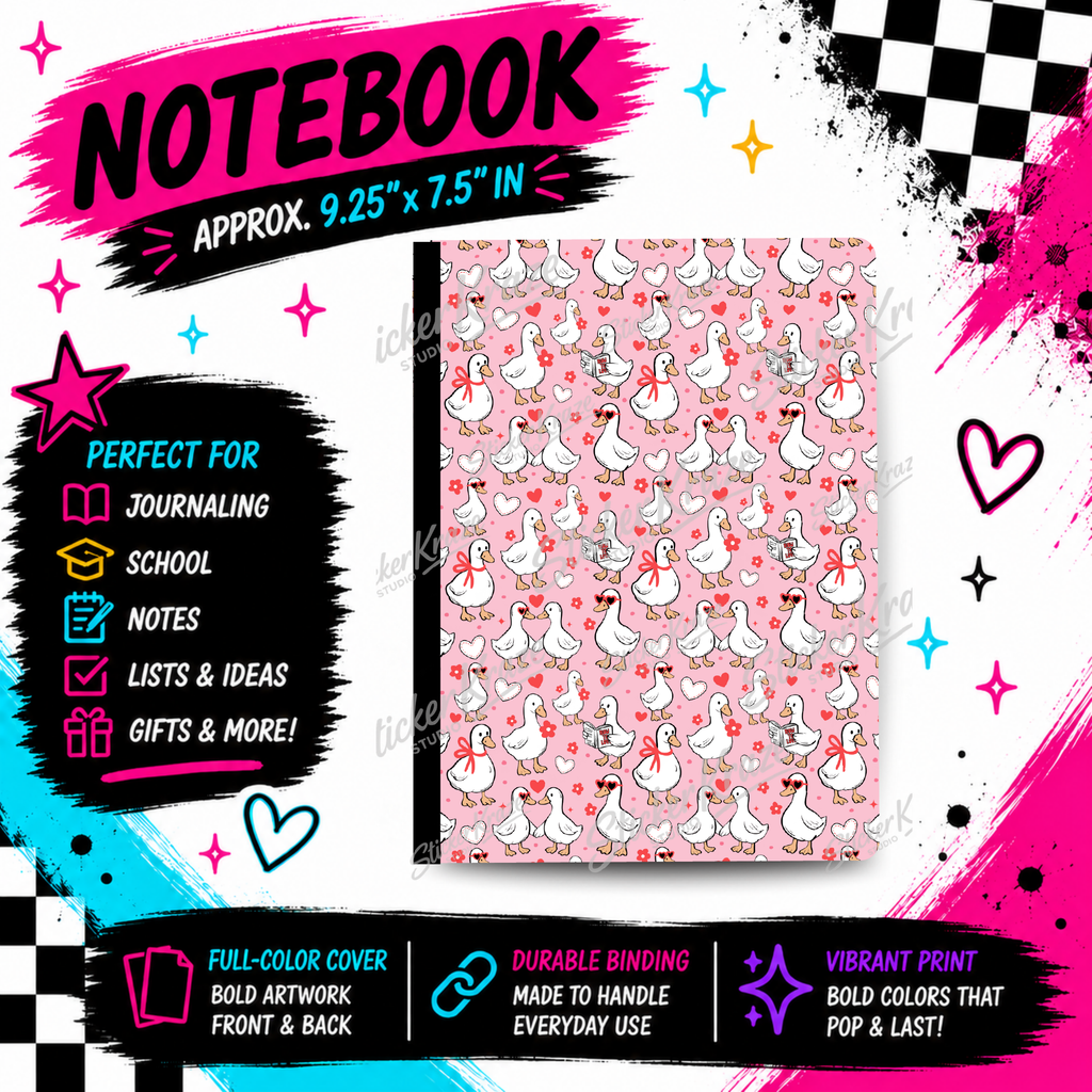Goose & Bows composition notebook front cover featuring white geese, pink bows, red hearts and small flowers on pink.
