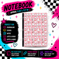 Goose & Bows composition notebook front cover featuring white geese, pink bows, red hearts and small flowers on pink.