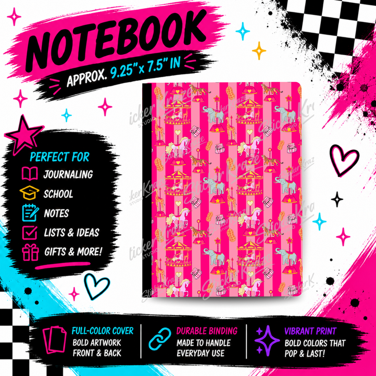 Carnival Kraze pink carnival composition notebook with carousel horses, circus animals and colourful pattern