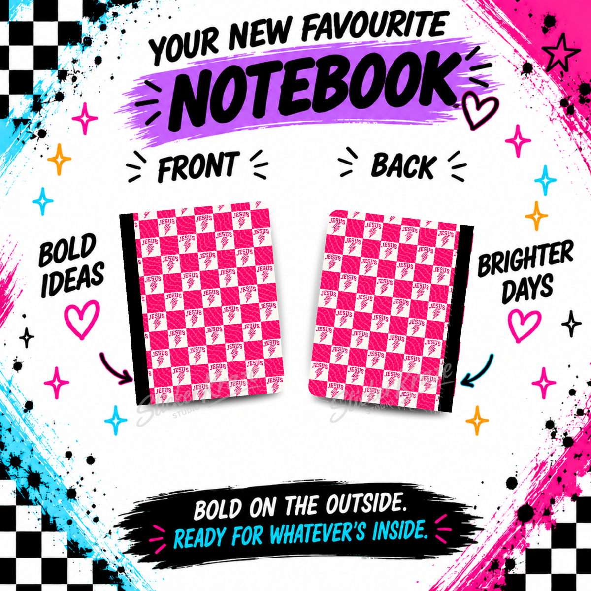 Jesus Lightning Checkerboard composition notebook front and back covers featuring pink and white checkerboard squares, Jesus lettering and lightning bolts.