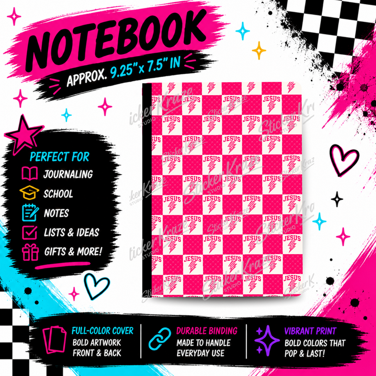 Jesus Lightning Checkerboard composition notebook front cover featuring pink and white checkerboard squares, Jesus lettering and lightning bolts.